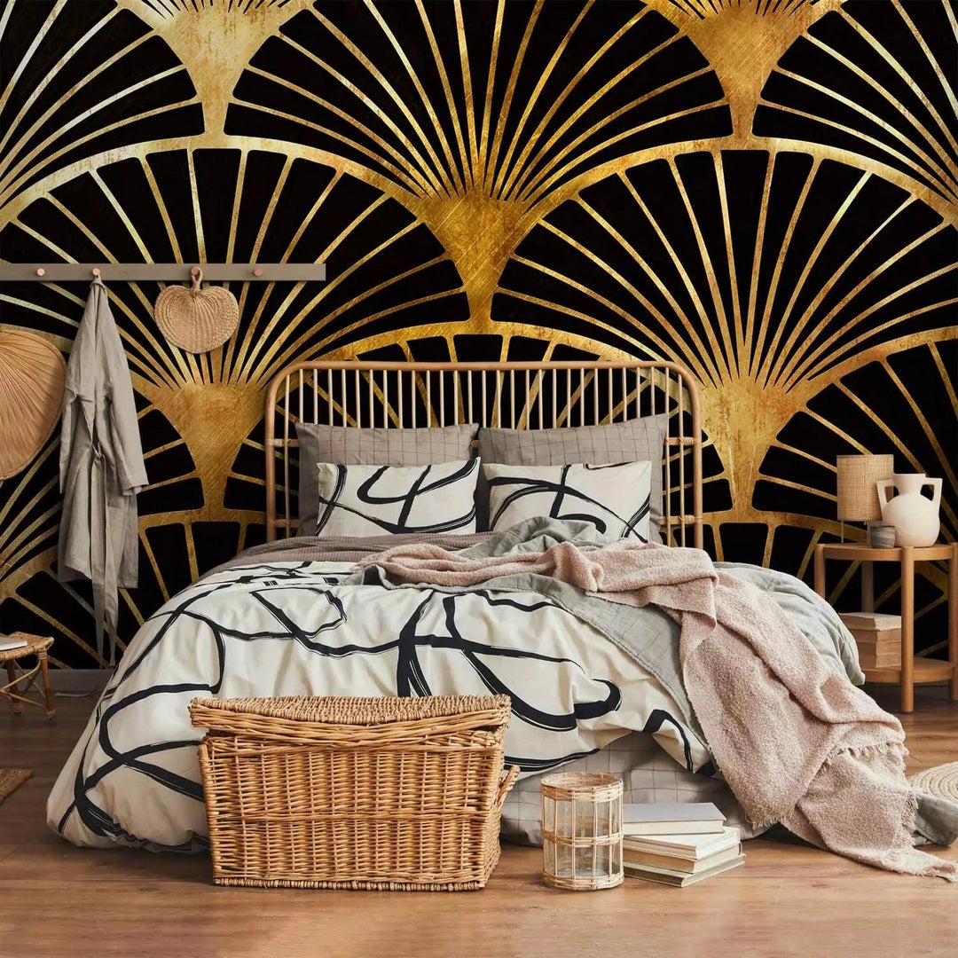 Fototapetes ar ornamentu Art Deco stilā zeltā un melnā krāsā, 143213 G-ART