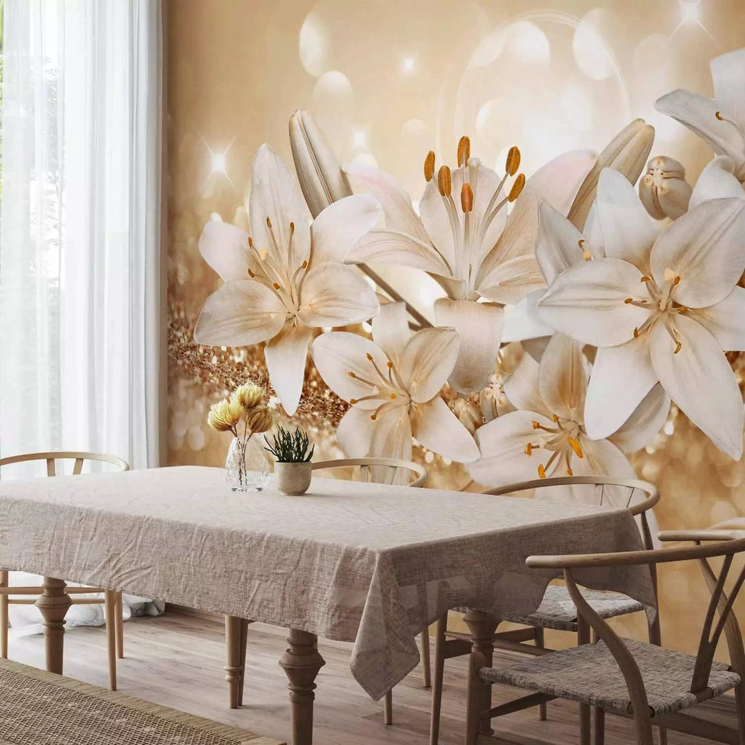 Fototapetes - baltas lilijas uz mirdzoša zelta fona - ekoloģiskas G-ART