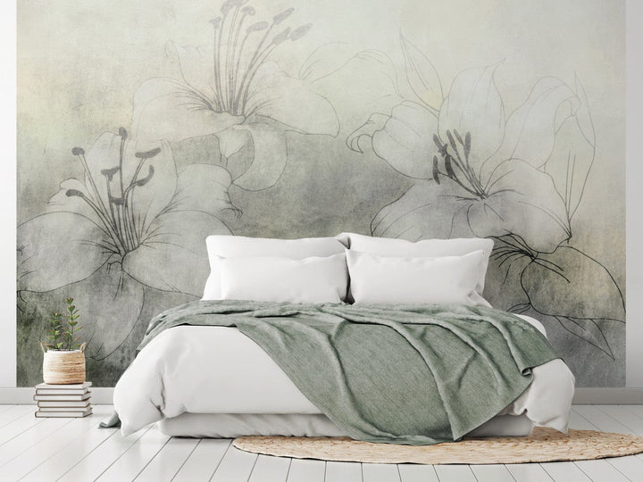 Fototapetes - Baltas lilijas uz pieklusināta zaļa fona - 149249 G-ART