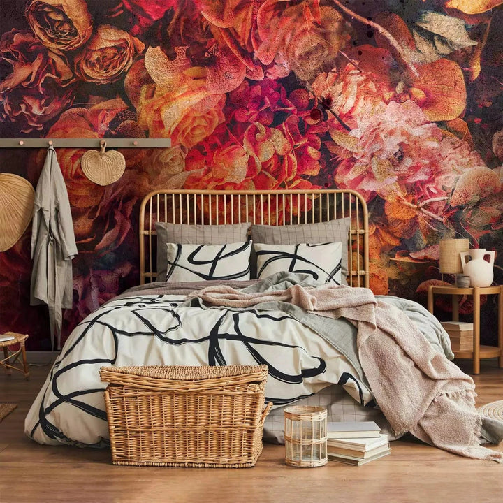 Fototapetes - baroka motīvs ar dažādām puķēm retro stilā - sarkanā G-ART