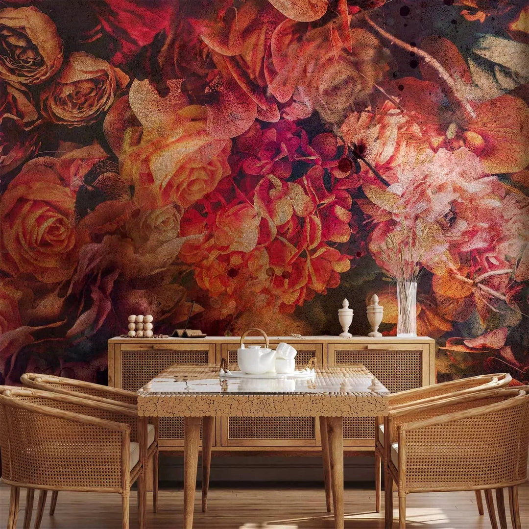 Fototapetes - baroka motīvs ar dažādām puķēm retro stilā - sarkanā G-ART