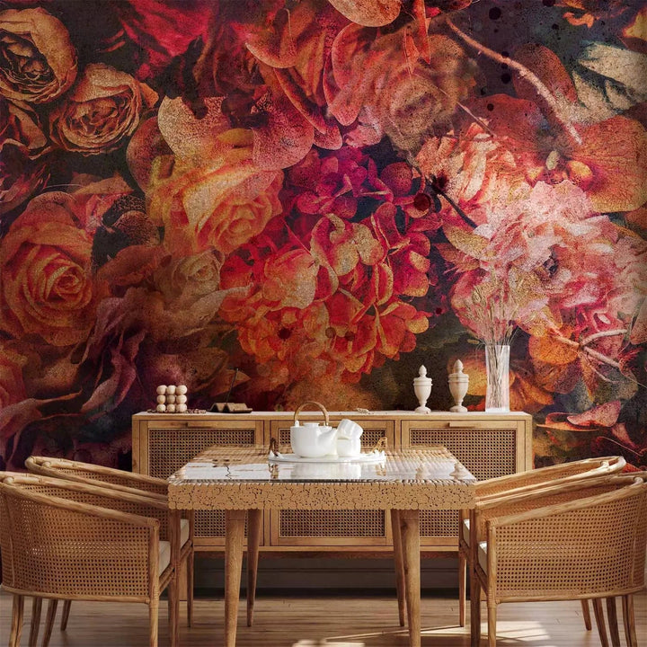 Fototapetes - baroka motīvs ar dažādām puķēm retro stilā - sarkanā G-ART