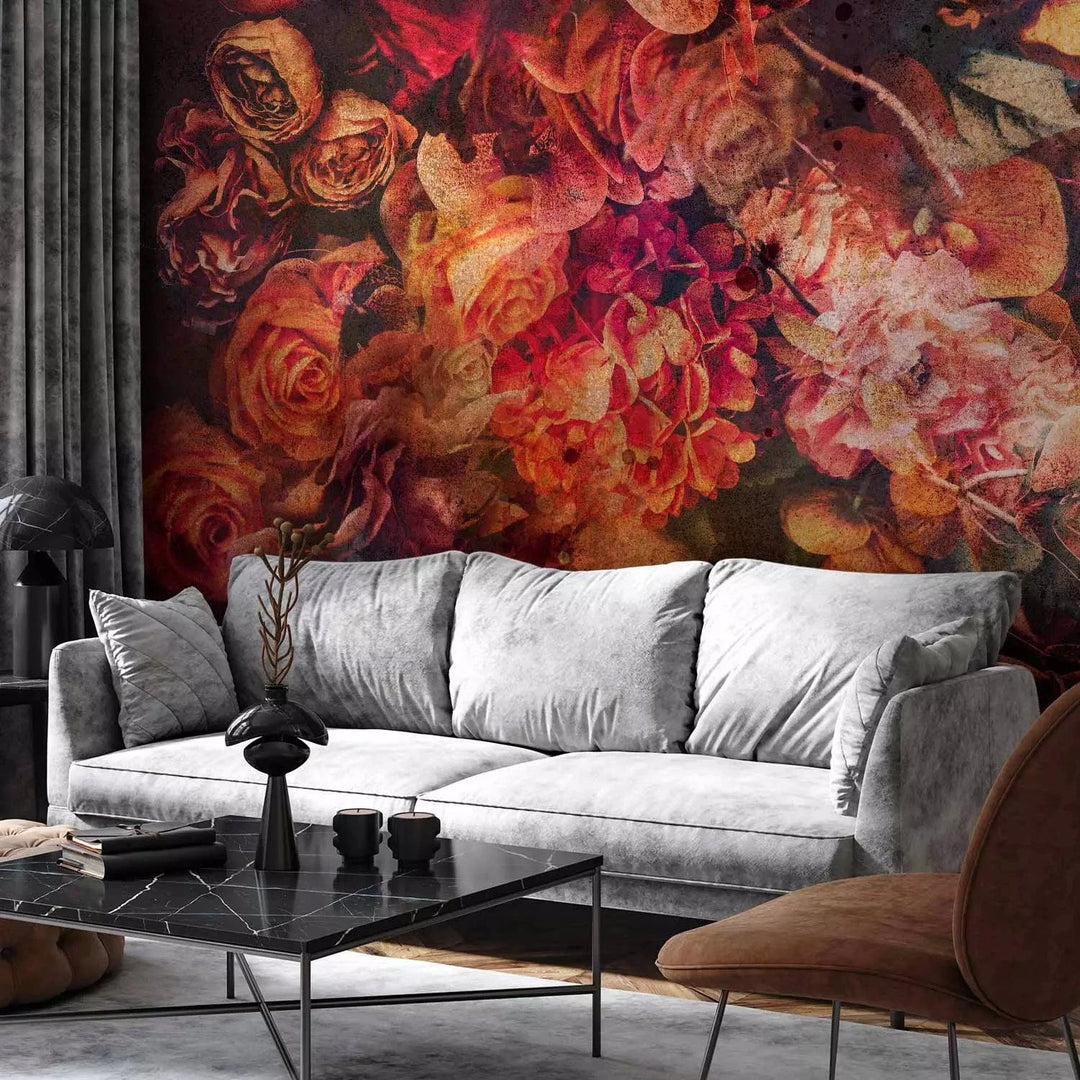 Fototapetes - baroka motīvs ar dažādām puķēm retro stilā - sarkanā G-ART