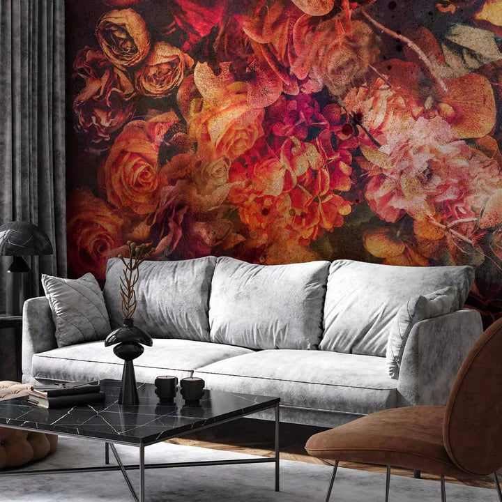 Fototapetes - baroka motīvs ar dažādām puķēm retro stilā - sarkanā G-ART