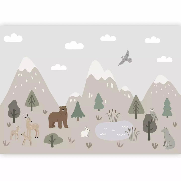 Fototapetes bērniem - ilustrācija ar kalniem, ezeru un dzīvniekiem G-ART