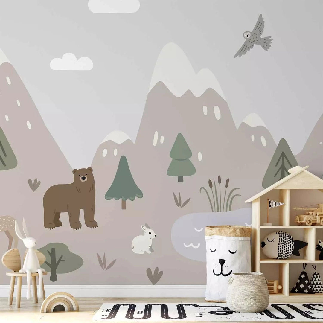 Fototapetes bērniem - ilustrācija ar kalniem, ezeru un dzīvniekiem G-ART