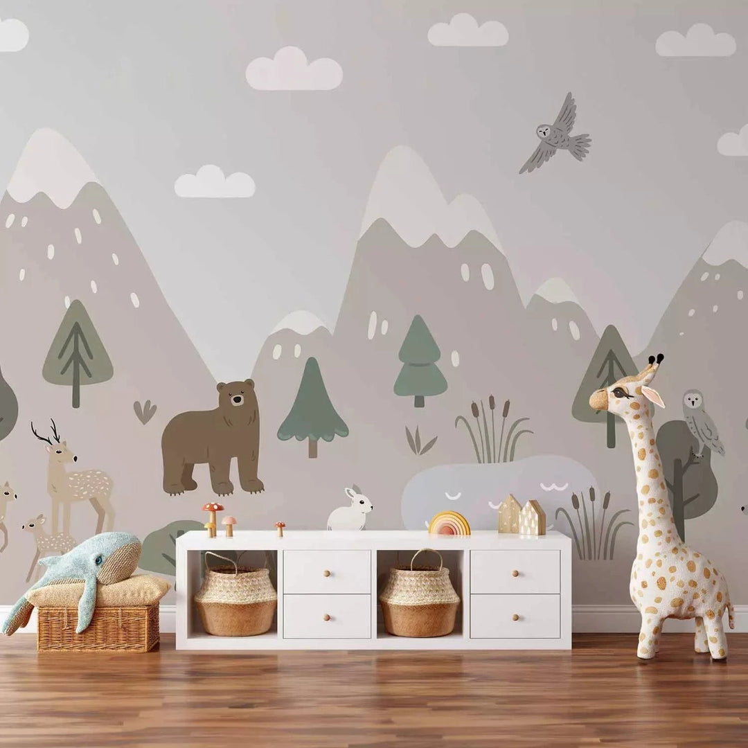 Fototapetes bērniem - ilustrācija ar kalniem, ezeru un dzīvniekiem G-ART