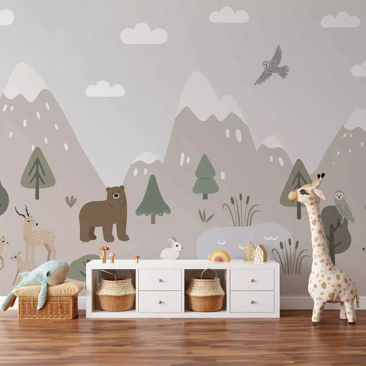 Fototapetes bērniem - ilustrācija ar kalniem, ezeru un dzīvniekiem G-ART