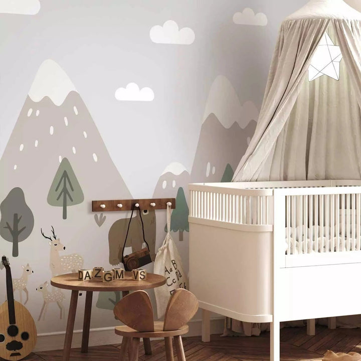 Fototapetes bērniem - ilustrācija ar kalniem, ezeru un dzīvniekiem G-ART