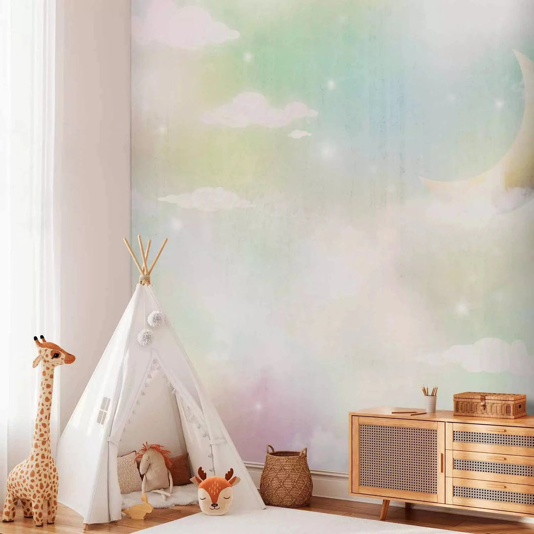 Fototapetes bērnistabai - mākoņi un mēness debesīs krāsainos toņos G-ART