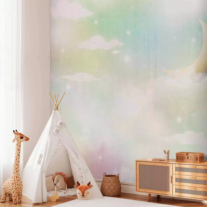 Fototapetes bērnistabai - mākoņi un mēness debesīs krāsainos toņos G-ART