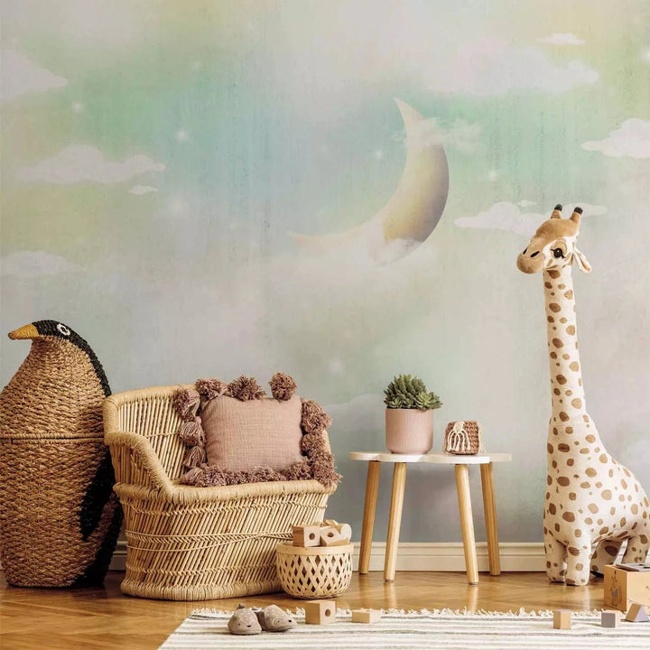 Fototapetes bērnistabai - mākoņi un mēness debesīs krāsainos toņos G-ART