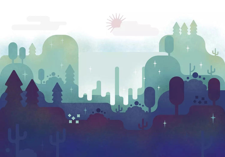 Fototapetes bērnistabai - Pasaku ainava ar kalniem un kokiem G-ART