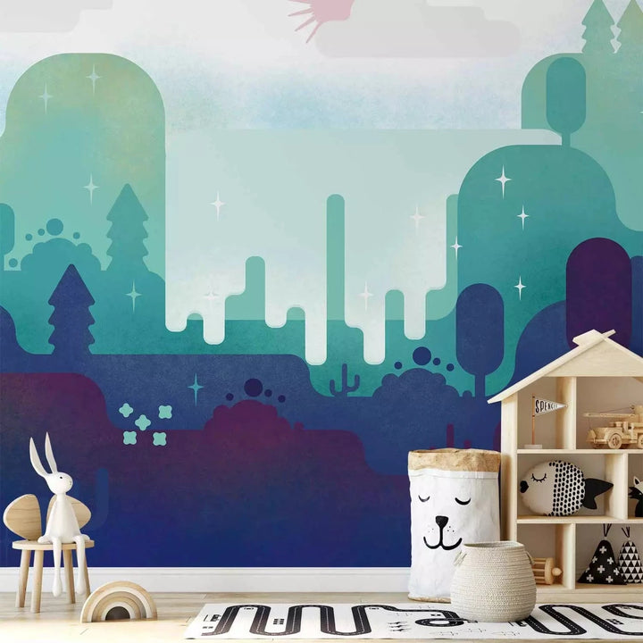 Fototapetes bērnistabai - Pasaku ainava ar kalniem un kokiem G-ART