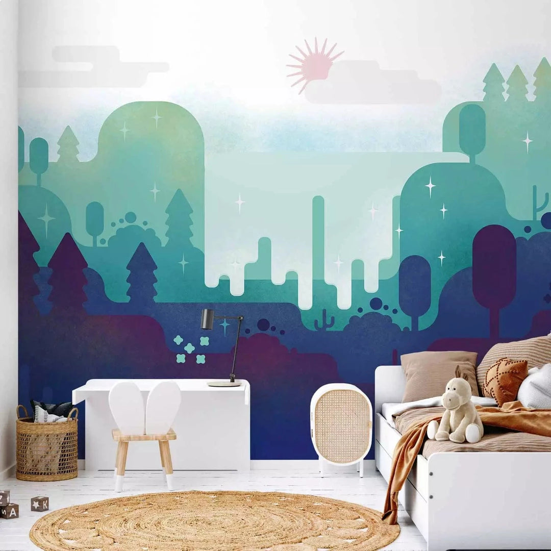 Fototapetes bērnistabai - Pasaku ainava ar kalniem un kokiem G-ART