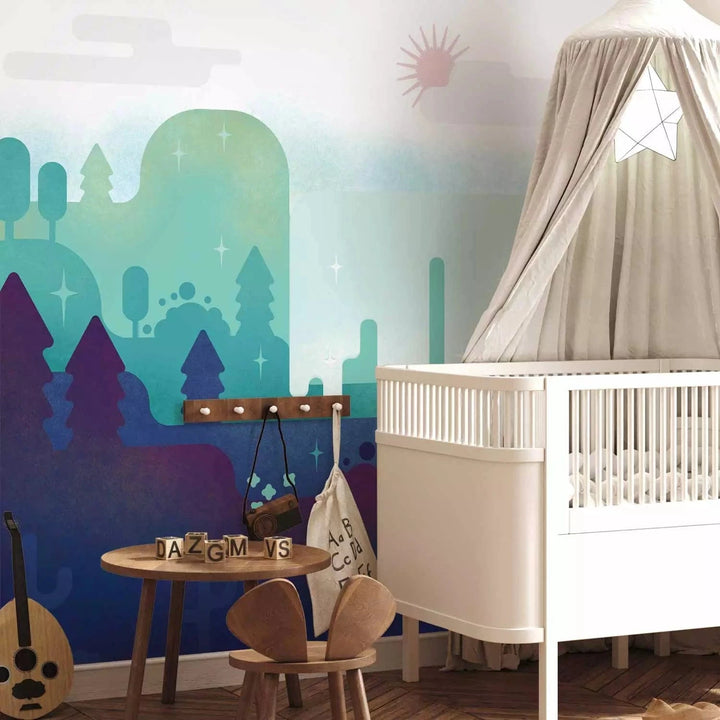 Fototapetes bērnistabai - Pasaku ainava ar kalniem un kokiem G-ART