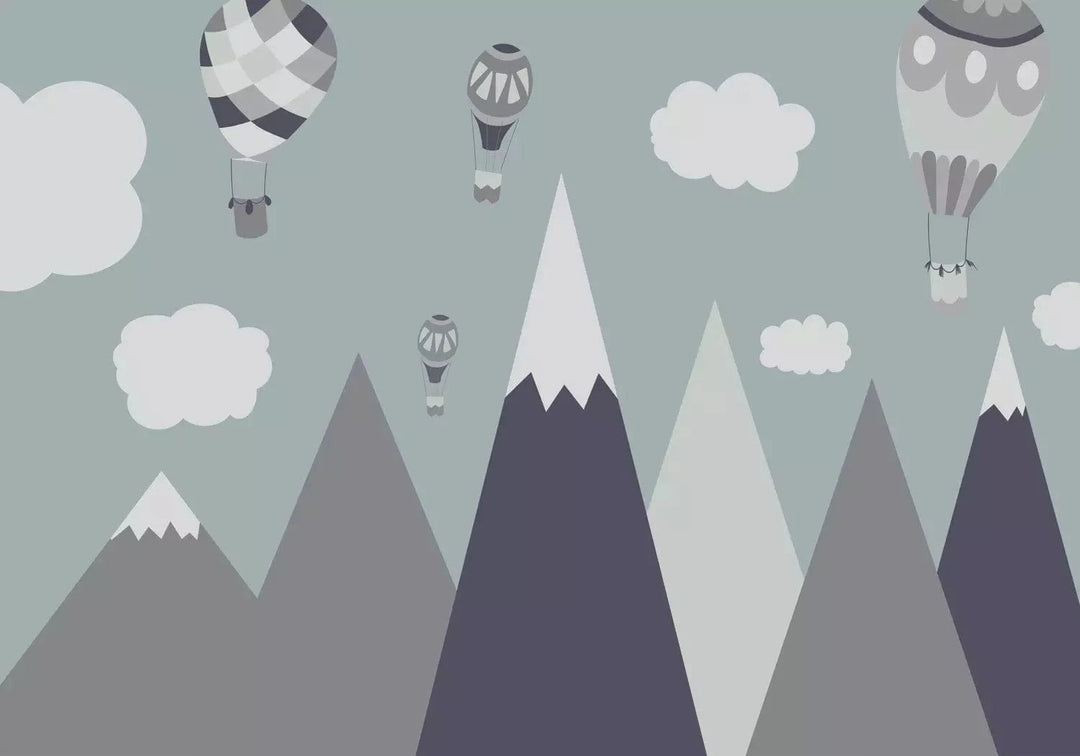 Fototapetes bērnu istabai - kalnu ainava ar gaisa baloniem - pelekā G-ART