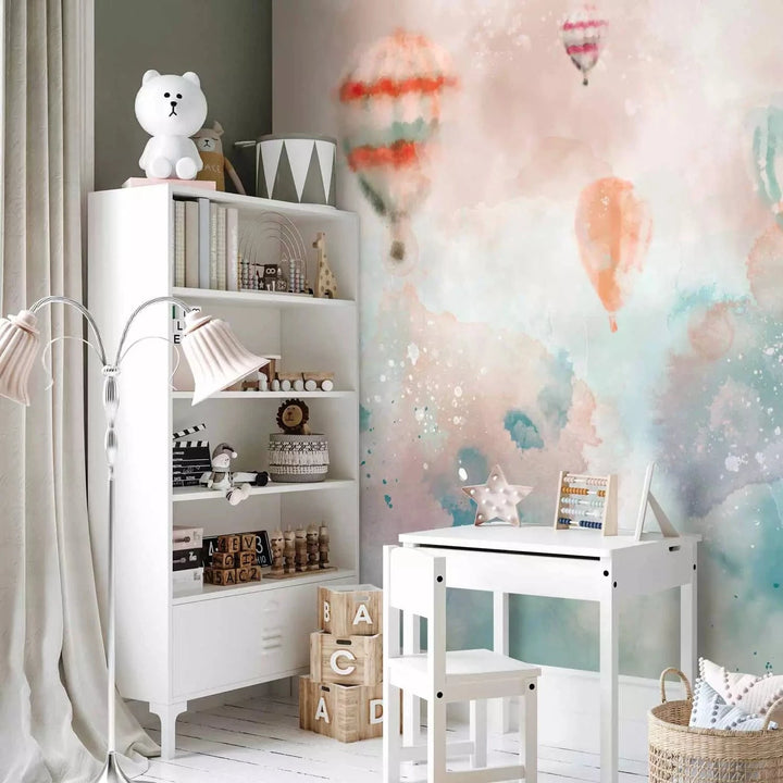 Fototapetes bērnistabai - Sapņu zeme - akvareļu ainava ar gaisa baloniem G-ART