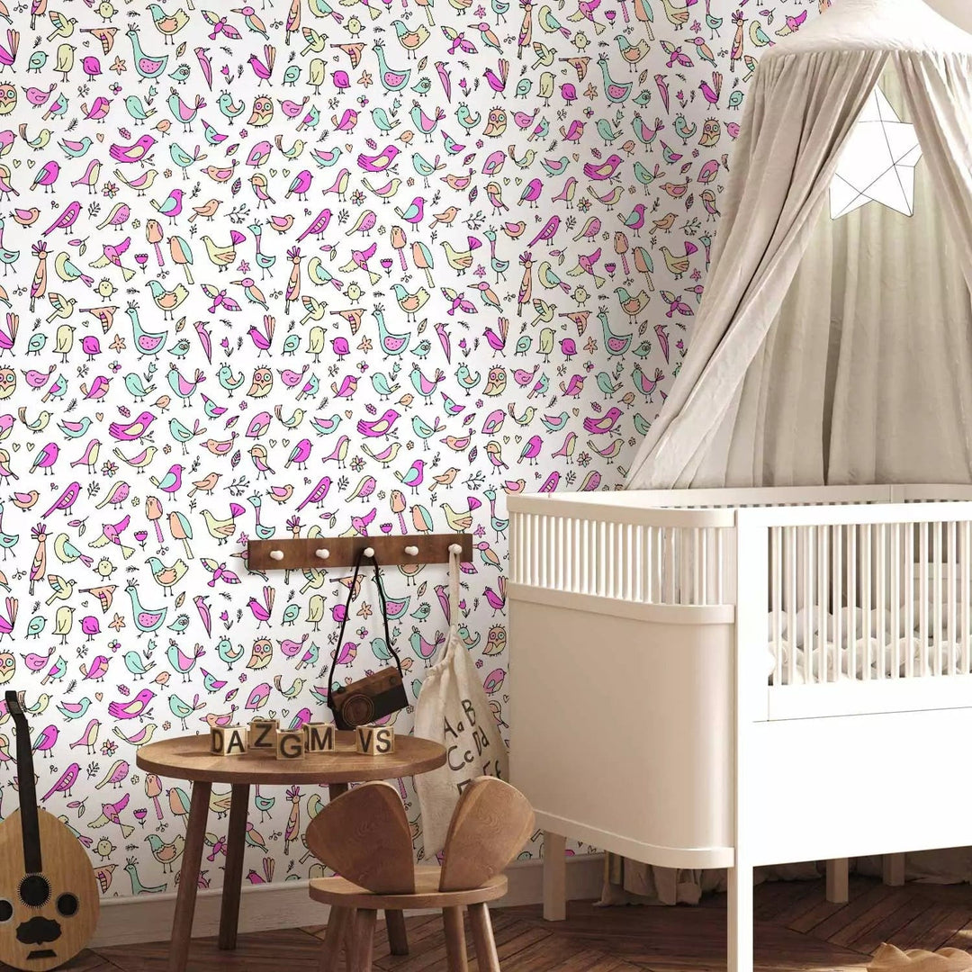 Fototapetes bērnu istabai ar zīmētiem putniem, roza, balta, (0,5x10m) G ART