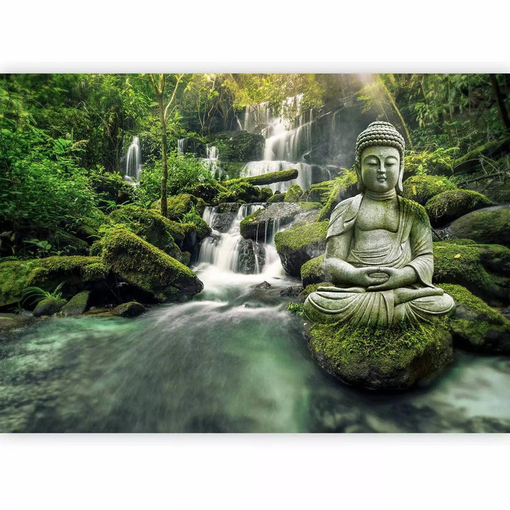 Fototapetes - Budas skulptūra uz ūdenskrituma fona (zaļa) G-ART