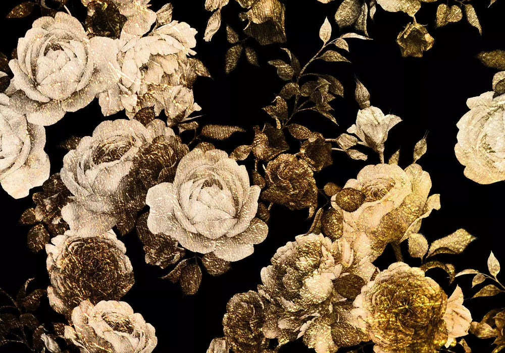 Fototapetes ar zelta peonijam uz melna fona G-ART