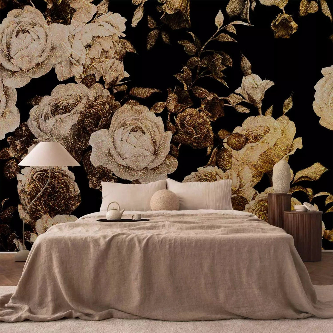 Fototapetes ar zelta peonijam uz melna fona G-ART