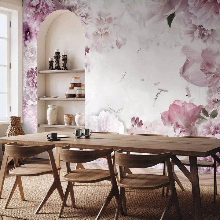 Fototapetes - Dizains: rozā-balts pušķis ar peonijām jūsu guļamistabā G-ART