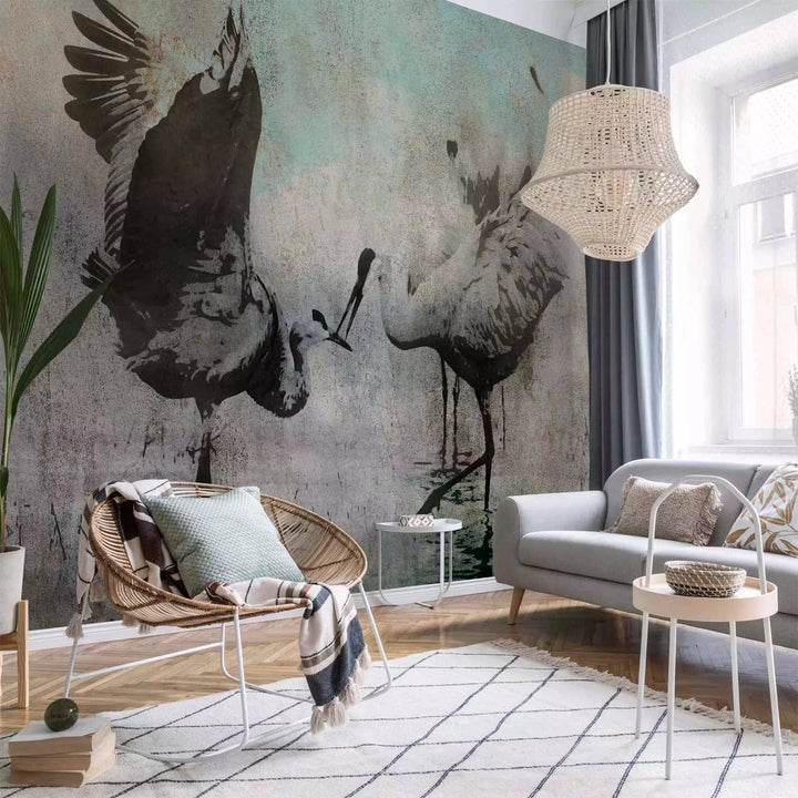 Fototapetes - Dzērvju deja - kompozīcija ar putniem uz pelēka fona G-ART