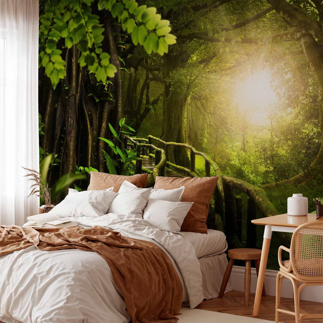 Fototapetes - zaļa ainava ar tropu mežu un tiltu pret sauli, 92631 G-ART