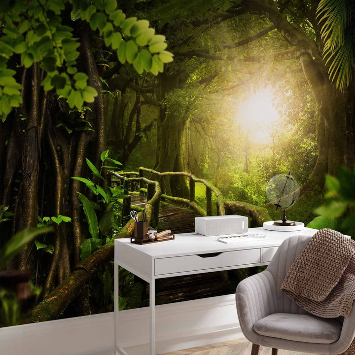 Fototapetes - zaļa ainava ar tropu mežu un tiltu pret sauli, 92631 G-ART