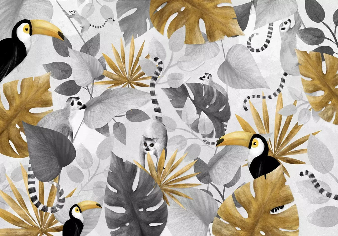 Fototapetes - Džungļu dzīvnieki – tropu motīvs ar tukaniem, lemuriem G-ART