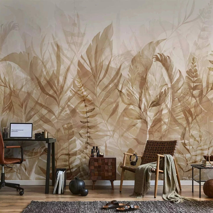 Fototapetes - Džungļu lapas - bēšā un baltā krāsā - guļamistabai G-ART