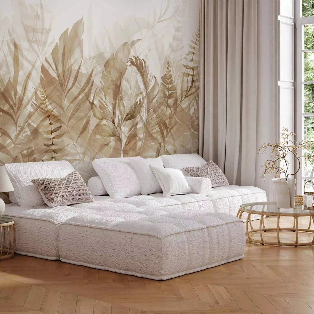 Fototapetes - Džungļu lapas - bēšā un baltā krāsā - guļamistabai G-ART