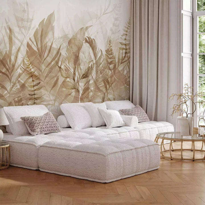 Fototapetes - Džungļu lapas - bēšā un baltā krāsā - guļamistabai G-ART