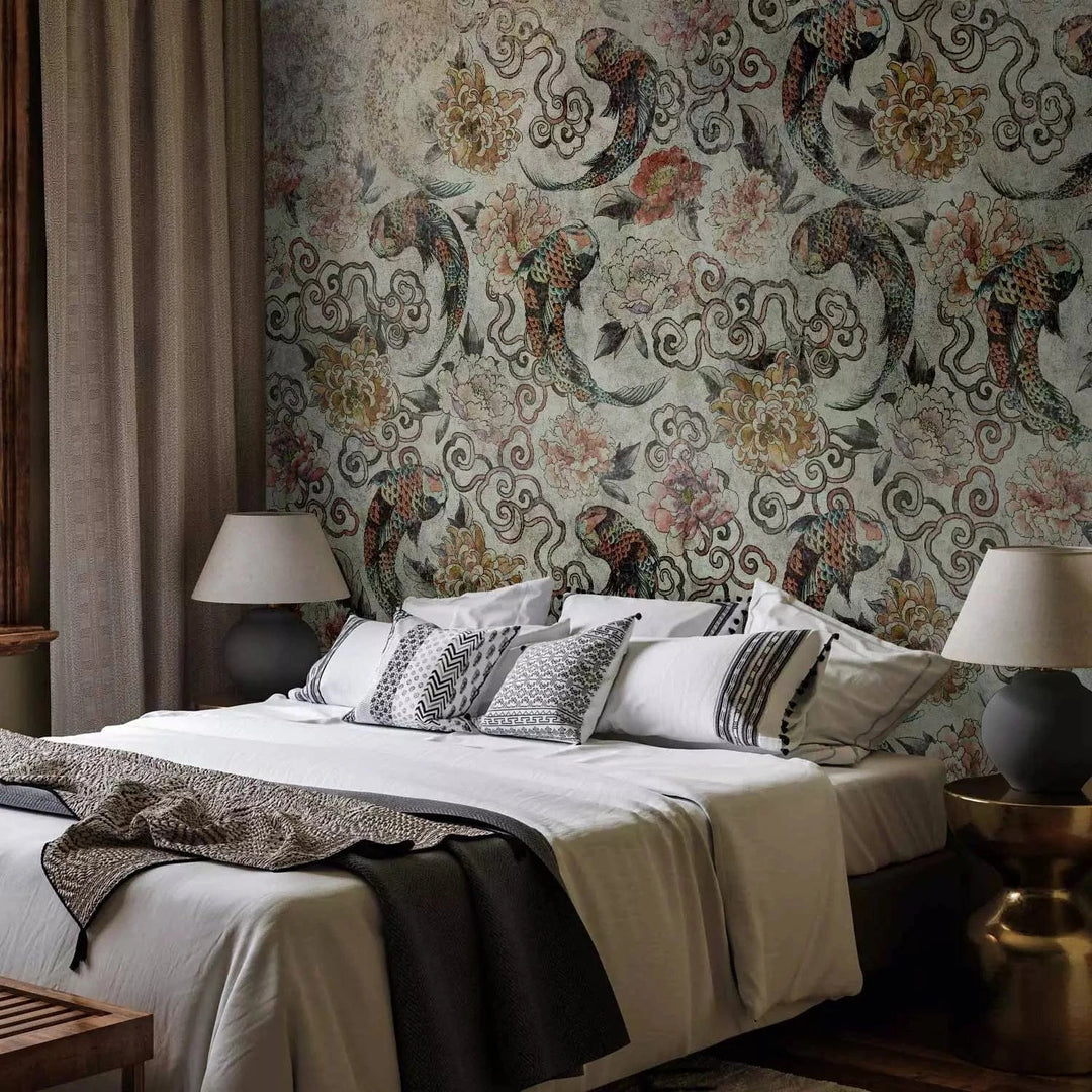 Fototapetes - japāņu motīvs ar zivīm un ornamentiempelēkos toņos G-ART