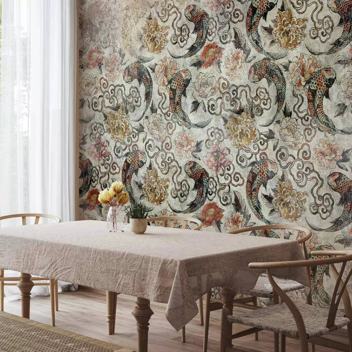 Fototapetes - japāņu motīvs ar zivīm un ornamentiempelēkos toņos G-ART