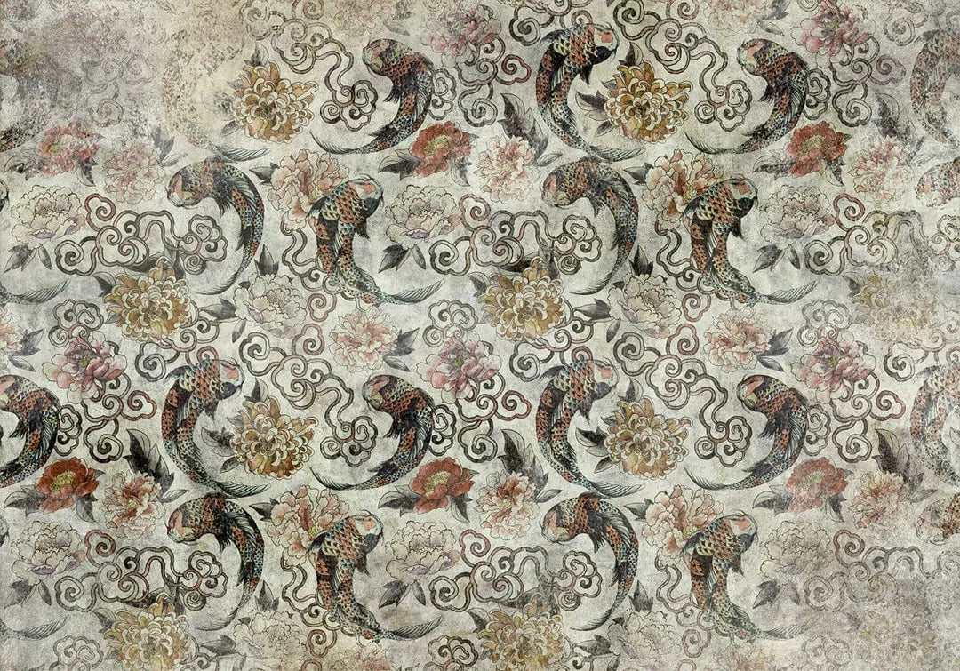 Fototapetes - japāņu motīvs ar zivīm un ornamentiempelēkos toņos G-ART