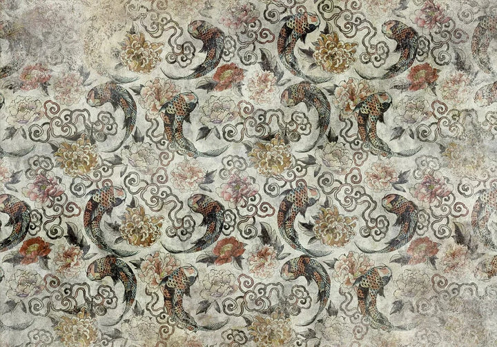 Fototapetes - japāņu motīvs ar zivīm un ornamentiempelēkos toņos G-ART