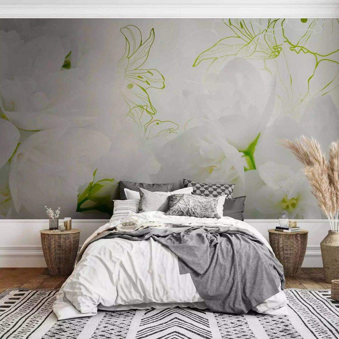 Fototapetes - Balts jasmīns ar stilizētiem ziediem zaļos toņos, 60670 G-ART