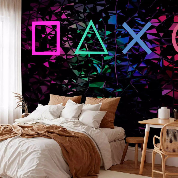 Fototapetes jauniešu istabai - spēles pogu simboli uz melna fona Tapetenshop.lv