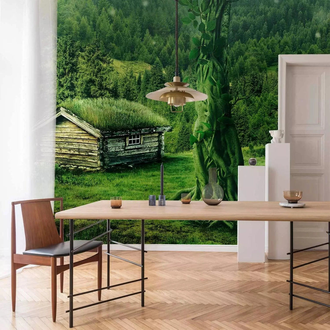 Fototapetes - kalnu ainava ar krāšņu mežu un māju centrā, zaļā G-ART