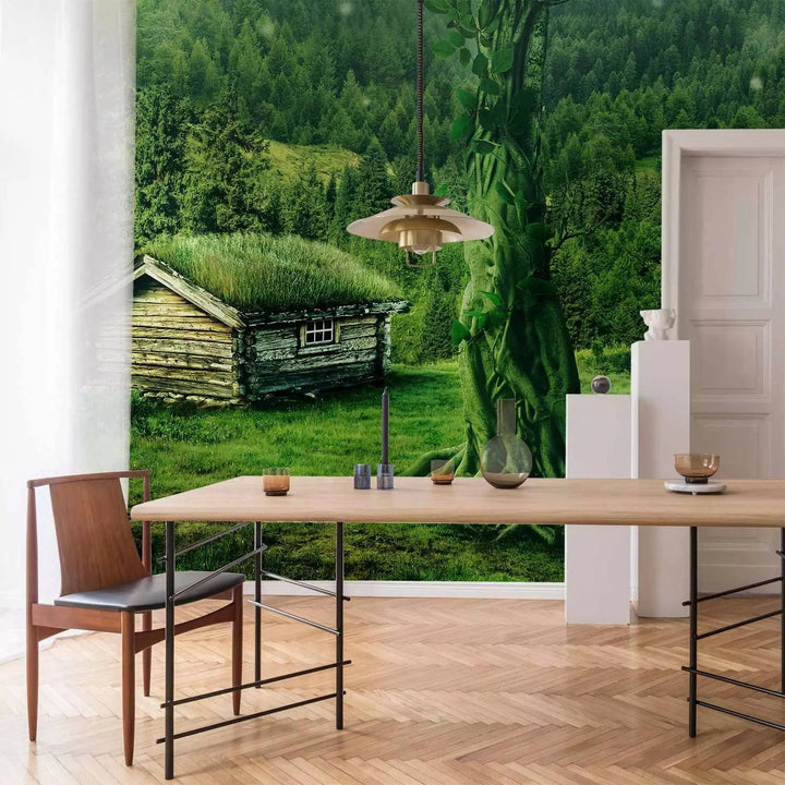 Fototapetes - kalnu ainava ar krāšņu mežu un māju centrā, zaļā G-ART