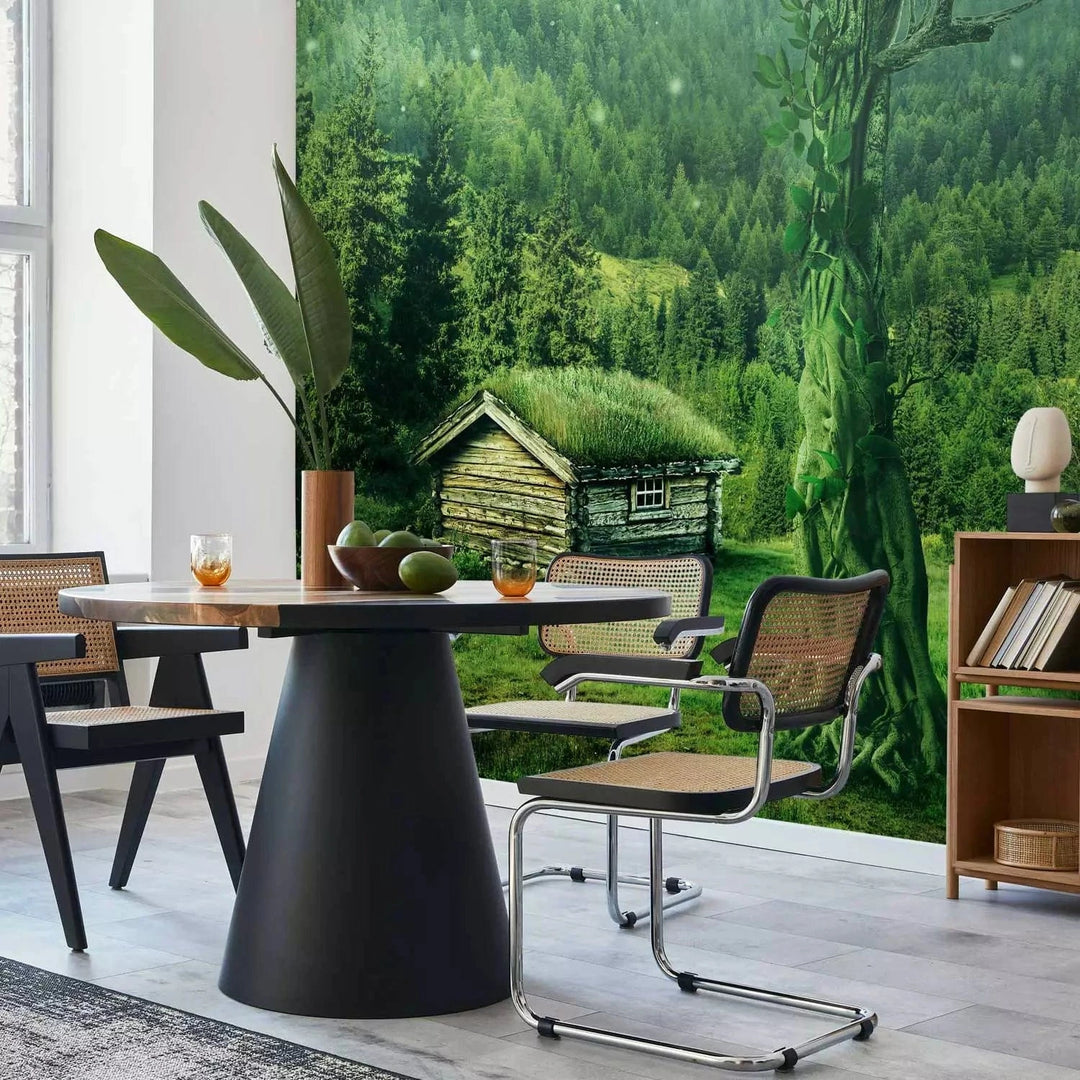 Fototapetes - kalnu ainava ar krāšņu mežu un māju centrā, zaļā G-ART