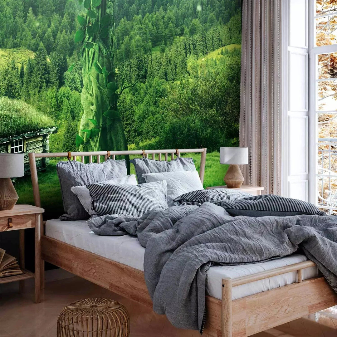 Fototapetes - kalnu ainava ar krāšņu mežu un māju centrā, zaļā G-ART