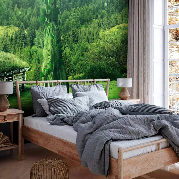 Fototapetes - kalnu ainava ar krāšņu mežu un māju centrā, zaļā G-ART