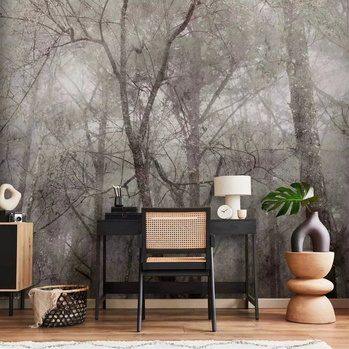 Fototapetes - Koku kronas - pelēka meža ainava ar kokiem vintage stilā G-ART