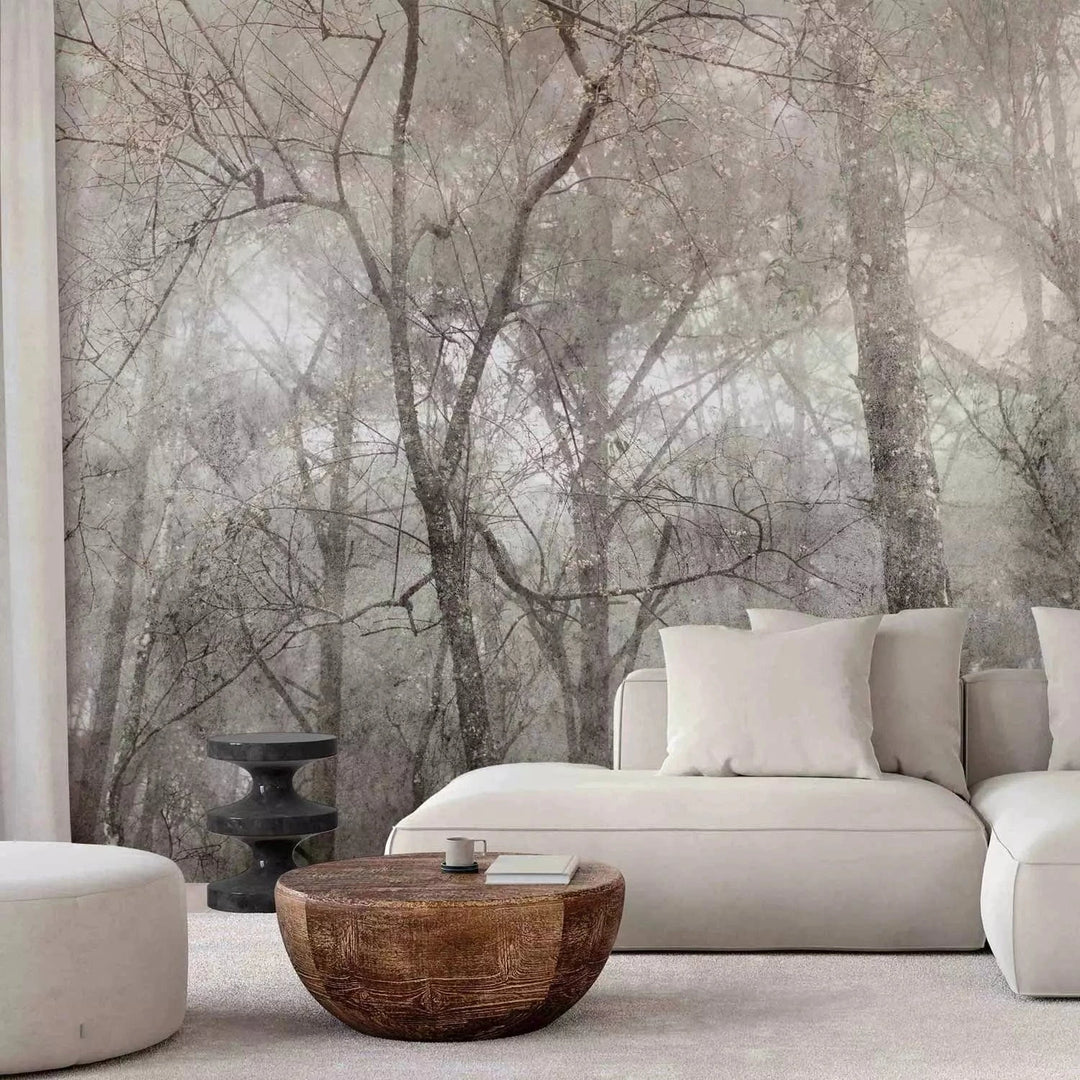 Fototapetes - Koku kronas - pelēka meža ainava ar kokiem vintage stilā G-ART