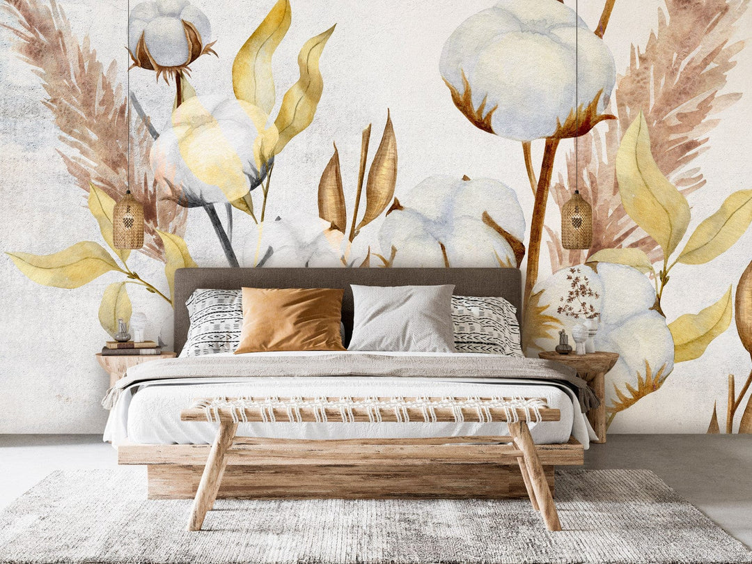 Fototapetes guļamistabai - Kokvilnas ziedi uz gaiša fona, 143843 G-ART