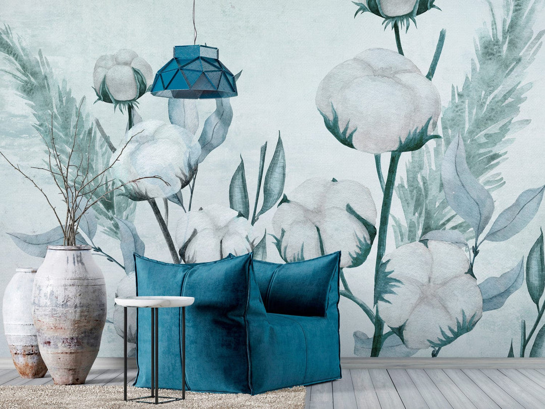 Fototapetes guļamistabai - Kokvilnas ziedi zilos toņos, 143844 G-ART