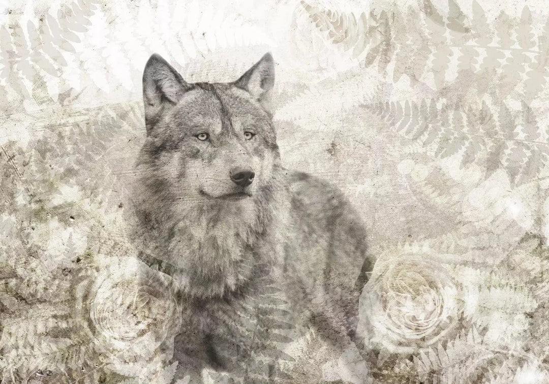 Fototapetes - kompozīcija ar vilku un papardes lapām bēšā toņos G-ART